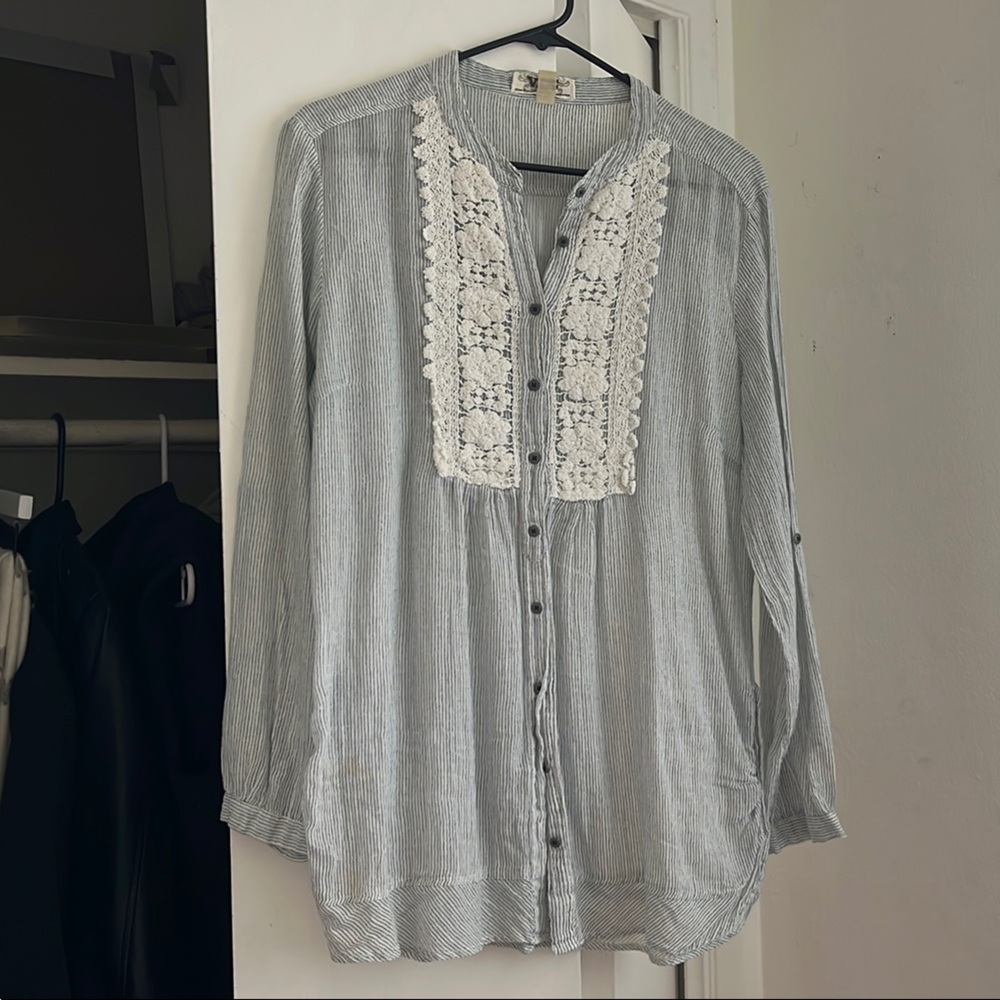 Striped Button-Up Shirt with Lace Detail